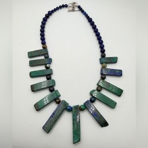 18" Revived Azurite, lapis lazuli beaded bib necklace w/ 925 heart toggle clasp!